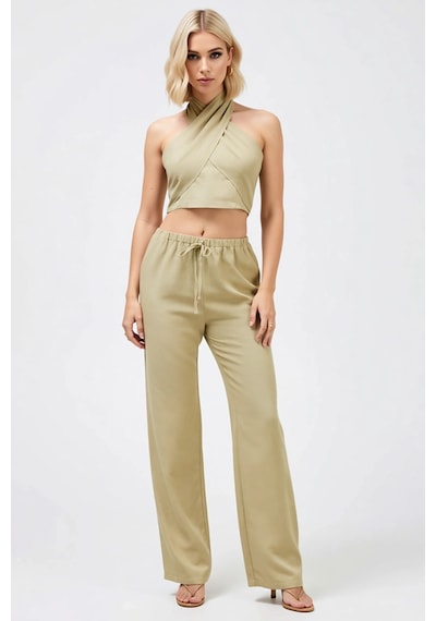 Benerly Kadın Alt Üst Keten Görünümlü Dokuma Crop Bluz Geniş Paça Pantolo Açık Haki