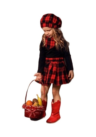 Quzucuk Kids Kız Çocuk Kırmızı Ekoseli Şapkalı Takım Çok Renkli