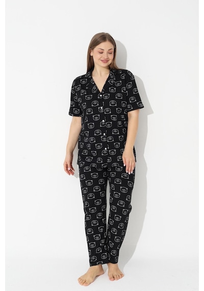 Siyah İnci Curve Büyük Beden Battal Boy Kısa Kollu Düğmeli Pamuklu Pijama Takımı Siyah Siyah İnci Curve Büyük Beden Battal Boy Kısa Kollu Düğmeli Pamuklu Pijama Takımı Siyah