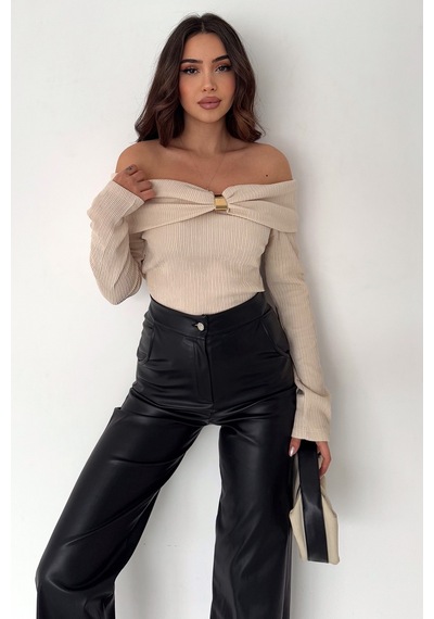 Noa & Noa Kadın Omuz Açık Toka Detaylı Bluz Burgundy Charm Bej