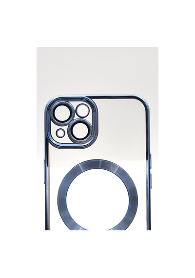 Apple Uyumlu iPhone 14 Magsafe Özellikli Saks Mavi Renkli Kenarlı Lazerli Şeffaf Kılıf Lens Korumalı