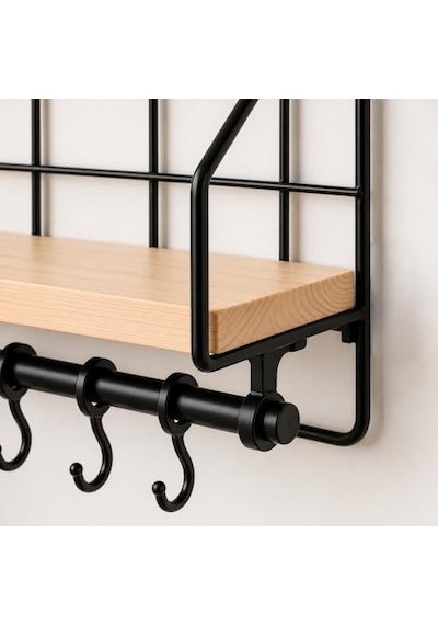 Duvara Asılabilir Yapışkanlı Raf Ve 6 Kancalı Organizer, Ahşap Raflı Metal Mutfak Düzenleyici, Delmeden Monte Edilebilir Askılı Duvar Rafı, Baharatlık, Havluluk, Bardaklık 50 x 22