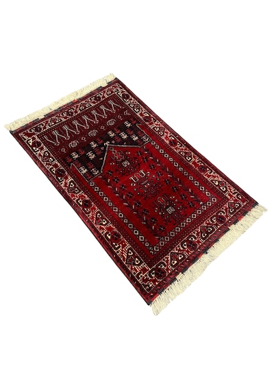 El Dokuma Sıfır Afgan Halısı Seccade 77x120 Kök Boya Kırmızı Yün Namazlık