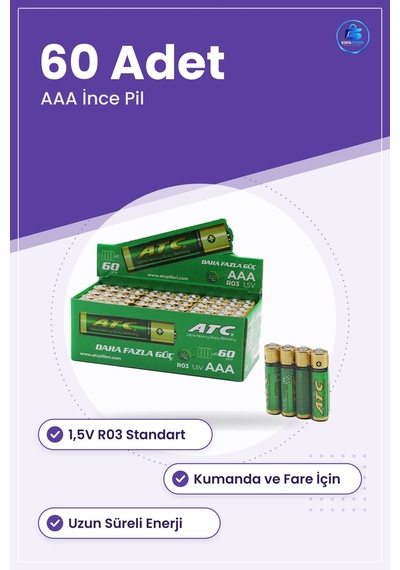 Aaa İnce Pil 1.5v R03 Alkalin 60 Adet Kumanda Fare Oyuncak El Fen