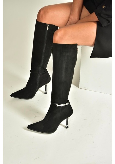 Fox Shoes V820330002 Siyah Süet İnce Topuklu Kadın Çizme Siyah