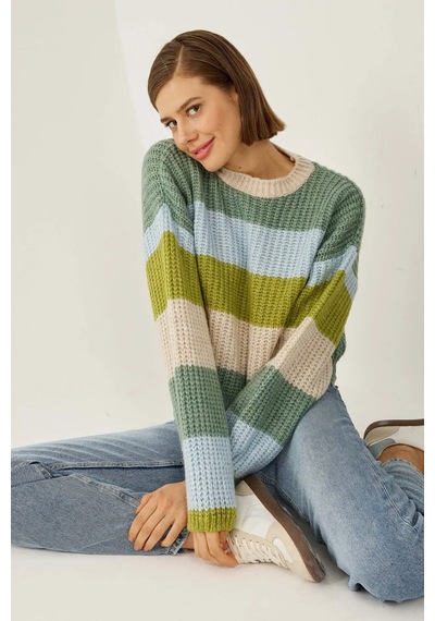 Hiccup Relaxed Fit Çizgili Triko Kazak Yeşil