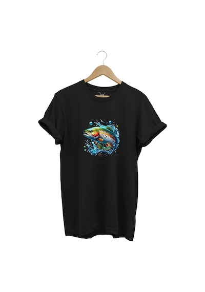 Fishing Avcılık Alabalık Balıkçılığı Baskılı %100 Pamuk Regular Fit Bisiklet Yaka Siyah T-shirt Siyah