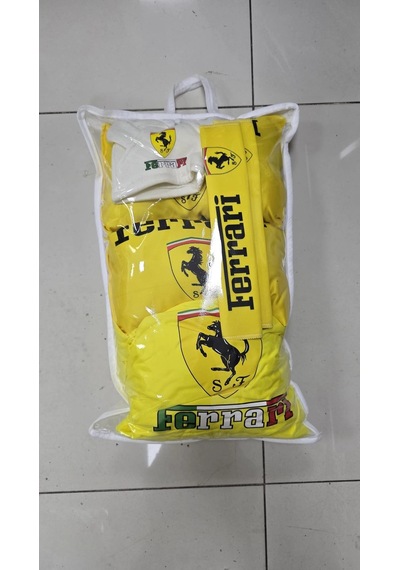 Sarı Ferrari Süper Set Dörtlü Servis Kılıfı + İkili Yastık Ve Kemer Kılıfı+ Vites Poları
