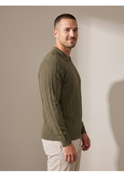 Maccali Erkek Haki Fitil Detaylı Fermuarlı Polo Yaka Triko Sweatshirt