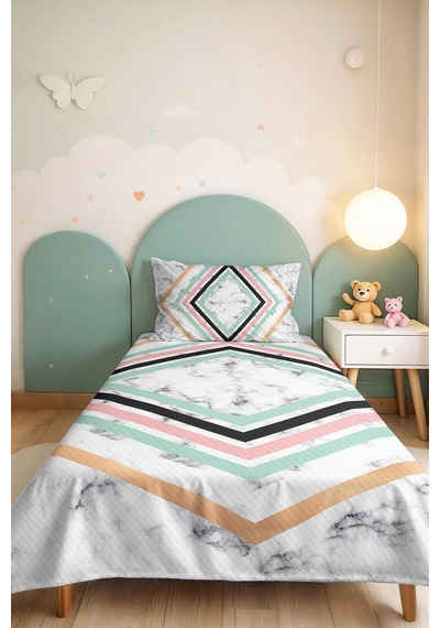 Mermer Geometrik Mint Genç Odası Tek Kişilik Pike Takımı - Pudra Antrasit 160x220 Cm Yatak Örtüsü Mistik Kadife Kıyısı