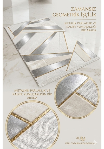Modern Geometrik Halı Krem Gri Gold Çizgili Akrilik 8 Mm Hav Yüksekliği Salon Yatak Odası Antre Halı