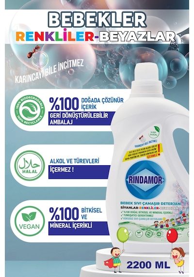 % 100 Doğal Bitkisel Bebek Sıvı Çamaşır Deterjanı - Kokusuz 2200 ML