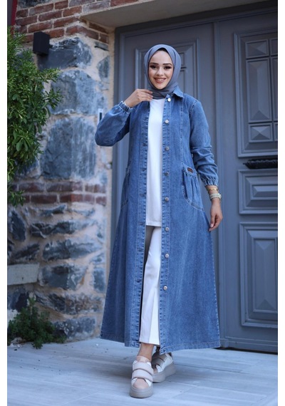 Harman Butik Kadın Düğmeli Cepli Kar Yıkamalı Denim Kot Kap Koyu Kot Mavi Koyu Kot Mavi