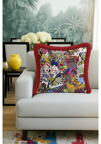 Pop Art Renkli Saçaklı Yastık Kılıfı - Çizgi Roman Temalı Retro Kırmızı Püsküllü Kırlent Kılıfı Adaçayı Altın Sarısı Pop Art Renkli Saçaklı Yastık Kılıfı - Çizgi Roman Temalı Retro Kırmızı Püsküllü Kırlent Kılıfı Adaçayı Altın Sarısı