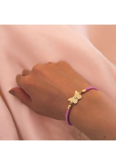 Archin G Harfine Özel Kelebek Motifli 14 Ayar Altın Plakalı Pembe Derili Hediye Bileklik-455harf G