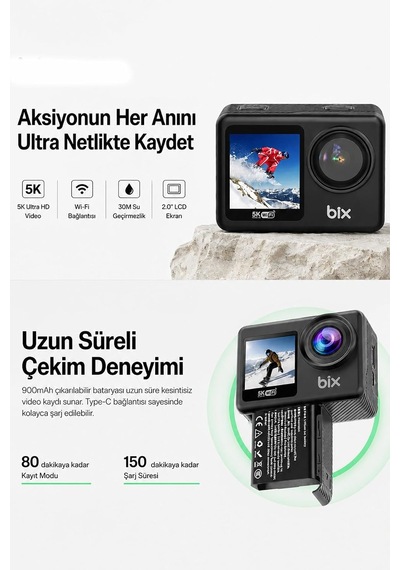 5k Aksiyon Kamerası Wi-fi 50mp Çift Ekran Su Geçirmez Kılıflı Vlog Kamerası Eıs Imx386 Sensörlü Genel