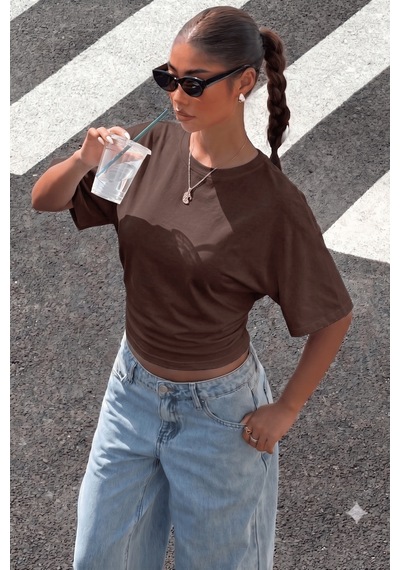 Genius Store Kadın Bele Oturan Geniş Kollu Bluz Yarasa Kol Siyah Bluz Yarasa-bluz Kahverengi