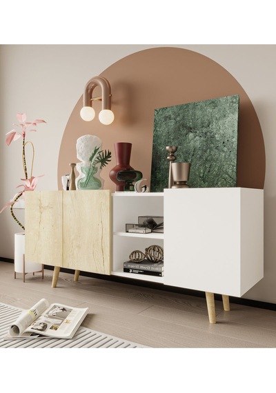 Milano Ahşap Ayaklı Modern Konsol 160 Cm Safir Meşe - Beyaz