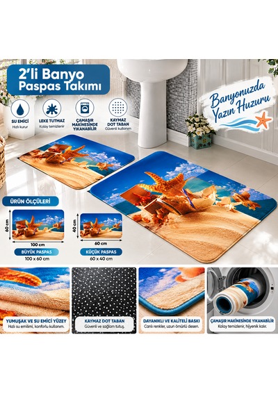 Banyo Paspası Banyo Halısı Dijital Baskılı Kaymaz Yıkanabilir 2'li Modern 100x60 Cm Ve 60 40 Mavi-turuncu