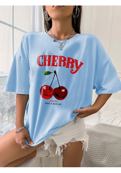 Uyguntarz Unisex Happy Cherry Tasarım Basklı Tshirt Bebe Mavisi
