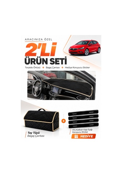 E-biz Opel Astra K 2015-2021 Uyumlu Torpido Örtüsü + Tay Tüyü Bagaj Çantası - Siyah-bej - Op005