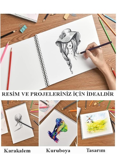 Resim Defteri 15 Yaprak 25x35 Cm 4 Adet Spiralli Orta Boy Resim Defteri Karton Kapak 110 Gr Öğrenci Okul