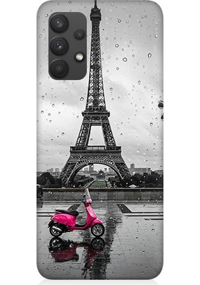 Samsung Galaxy A32 Uyumlu Yağmurda Eyfel Ve Scooter Desenli Silikon Kılıf Çok Renkli