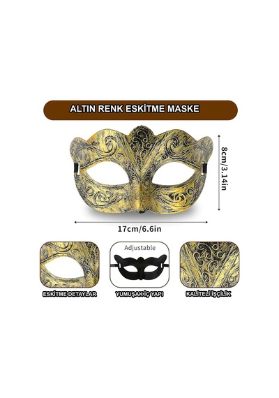 Altın Renk Eskitme Maskeli Balo Maskesi Tarz Aksesuar Kutlama Eşyası Özel Gün Ürünü "
