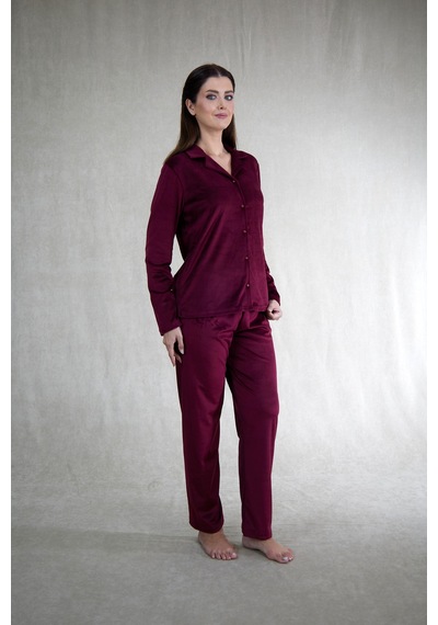 Estiva Kadın Önden Düğmeli Kadife Pijama Takımı Bordo