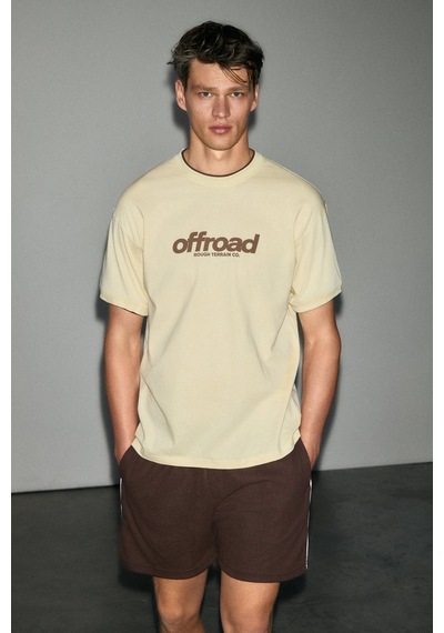 Grımelange Rough Erkek %100 Organik Pamuklu Kontrast Biyeli Baskı Detaylı Regular Fit Sarı T-shirt