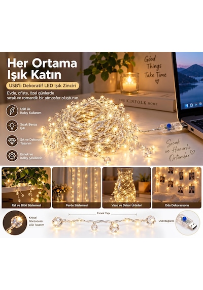 Peri 3x2 Metre Usb'li Kristal Boncuklu Dekoratif Led Işık Zinciri Sıcak Beyaz Perde Ve Oda Süsleme Işığı Diğer