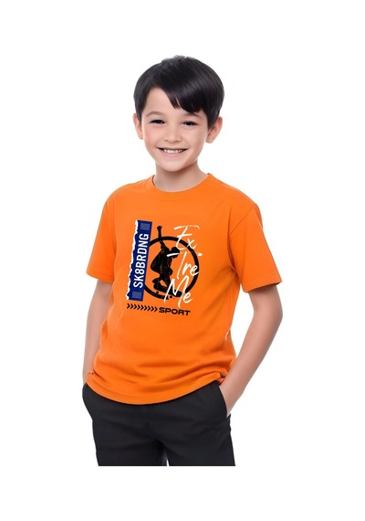 Panios Kids Sk Sport Baskılı Erkek Çocuk Kısa Kollu Yuvarlak Yaka T-shirt Turuncu