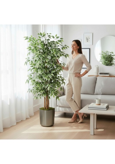150 Cm Yapay Ficus Metal Saksı 30x30 Dekoratif Ağaç Çok Renkli