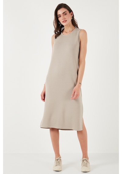 Lela Regular Fit Bisiklet Yaka Yırtmaç Detaylı Basic Midi Bayan Elbise 5866160 Taş