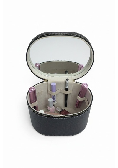 Makyaj Düzenleyici Aynalı Makyaj Çantası Siyah Bölmeli Taşınabilir Kozmetik Organizer 19x15x16 Cm