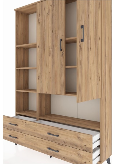 Arges Dolap 8 Raflı 4 Çekmeceli 2 Kapaklı 132x30x195 Çam-çam/çam Çam