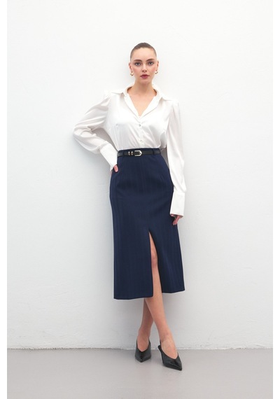 Sateen Anna Yırtmaçlı Etek - Lacivert-137175 Lacivert