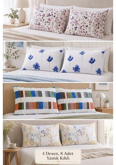 Formeya 8'li Desenli Yastık Kılıfı Seti 50x70 Cm 4 Farklı Desen, Her Desenden 2 Adet Çok Renkli