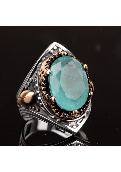El Yapımı Vintage Erkek Yüzüğü - 925 Ayar Gümüş İle Üretilmiş Paraiba Taşı, Artisan Takı Gümüş