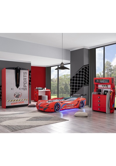 Setaymobilya Sports Çocuk Odası, Mercedes Araba Dolap Masa Şifonyer - Kırmızı