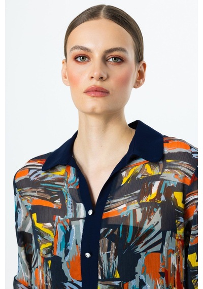 On Fashion Bluz Renkli Desenli Düğmeli Lacivert