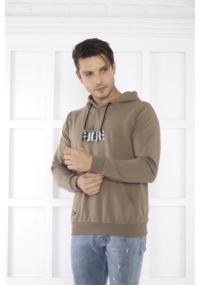 Escetic Spor Erkek Haki Cepli, Kapüşonlu Sweatshirt-4166