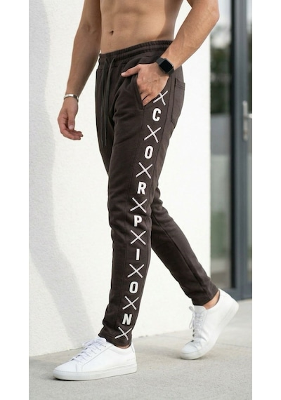 Plus Scorpion Erkek Slim Fit Eşofman Altı Yazılı Şerit Detaylı, Dar Paça Jogger Pantolon Kahverengi