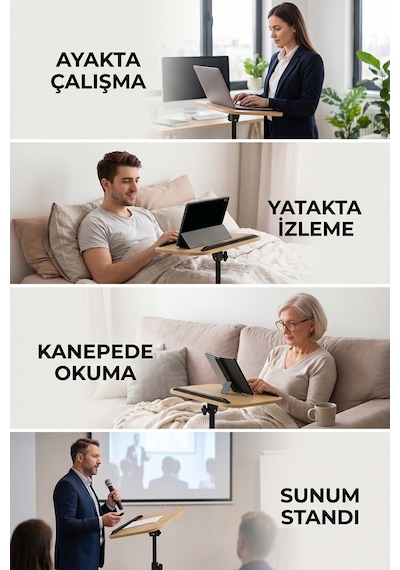 Ayarlanabilir Laptop Sehpası Esnek Tasarım, Yükseklik Ayarlı Çalışma Ve Yan Sehpa Masası Açık Meşe