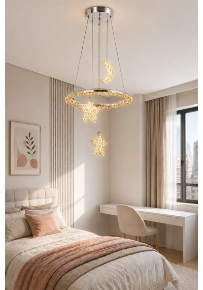 Modern Premium Gold Ay Yıldız 3 Renkli Ledli Sarkıt Avizesi Çocuk Genç Bebek Odası Modelleri 84w