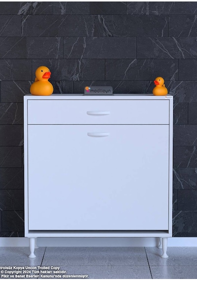 Eliusta Asil 75 Cm Kirli Çamaşır Sepetli Banyo Dolabı 1 Çekmeceli Mutfak Çok Amaçlı Dolap 75x88x32,5 Cm Beyaz
