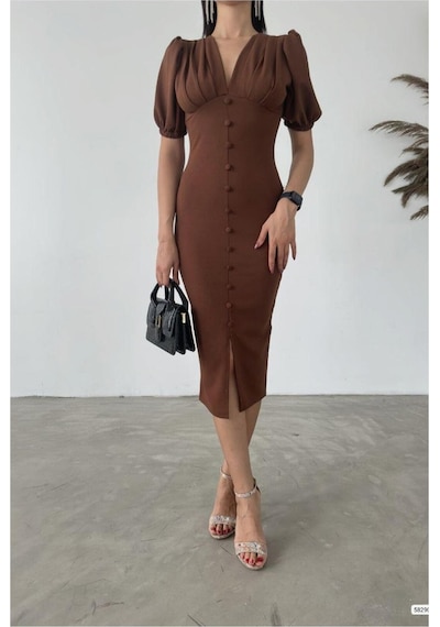 DefyModa Kadın Trend Model Krep Kumaş V Yaka Kısa Kollu Abiye Elbise Kahverengi