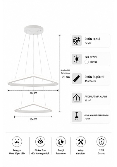 Uven 2'li Led Sarkıt Avize Beyaz Işık