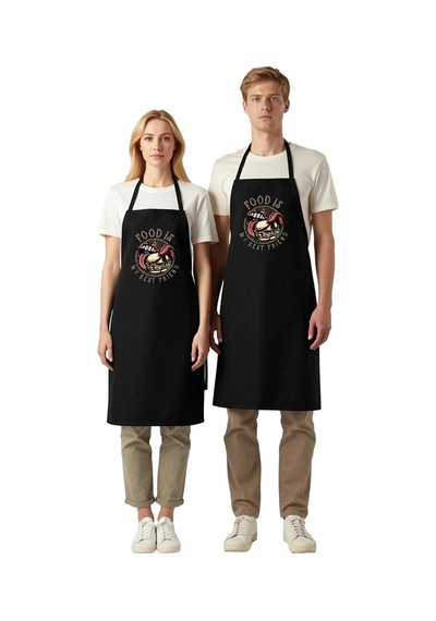 Erkek Unisex Mutfak Aşçı Önlüğü Retro Grafik Baskılı Yemek Temalı Siyah