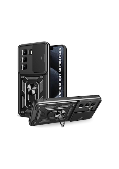 Infinix Hot 50 Pro Plus Uyumlu Tank Kılıf Yüzüklü Standlı Zırhlı Outdoor Kapak - Siyah